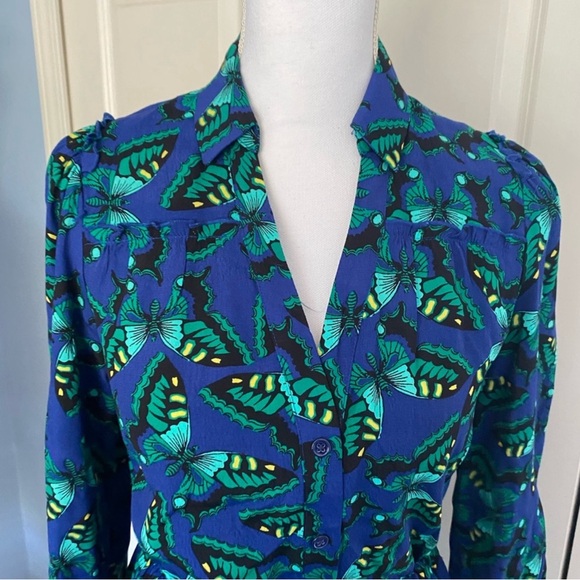 Anthropologie Maeve Blue Green Butterfly Pippa Button Up Shirt Dress sz XS - Picture 8 of 14